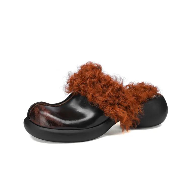 Fashion Vintage Rabbit Hair/wool Autumn and Winter Plush Slippers Women's Fashion Black Brown Warm Outdoor High Heel Cotton Shoes