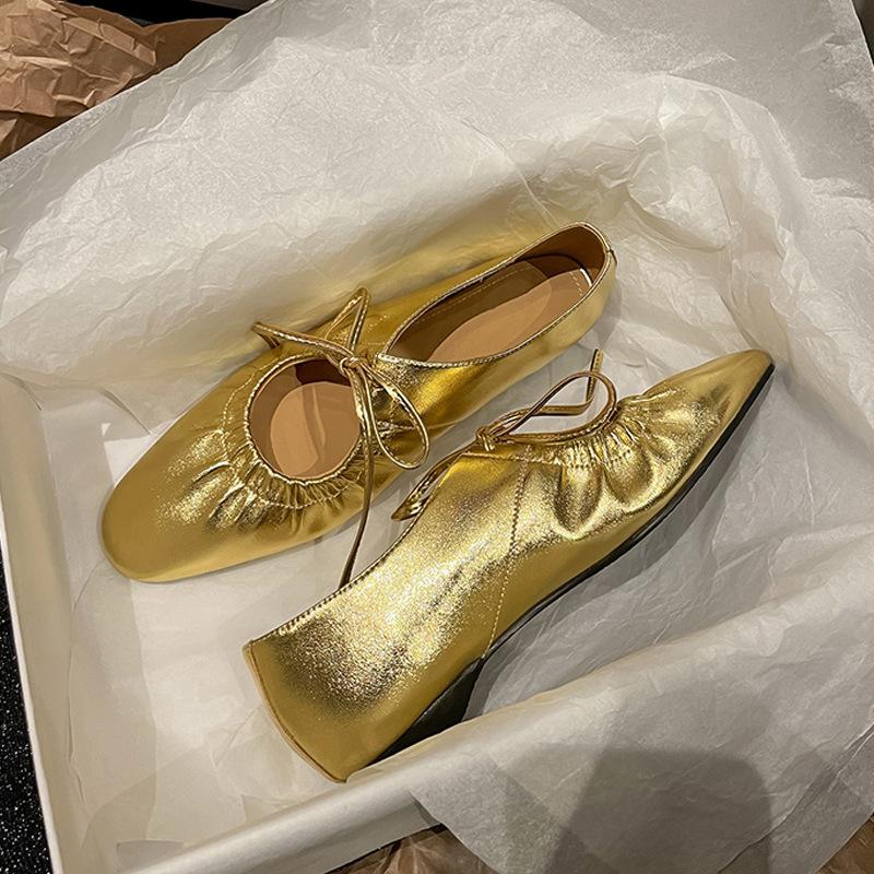 Gold and Silver Lace Up Mary Jane Shoes Women Low Heels Spring New Retro Round Toe Shallow Mouth Single Shoes Heels Women