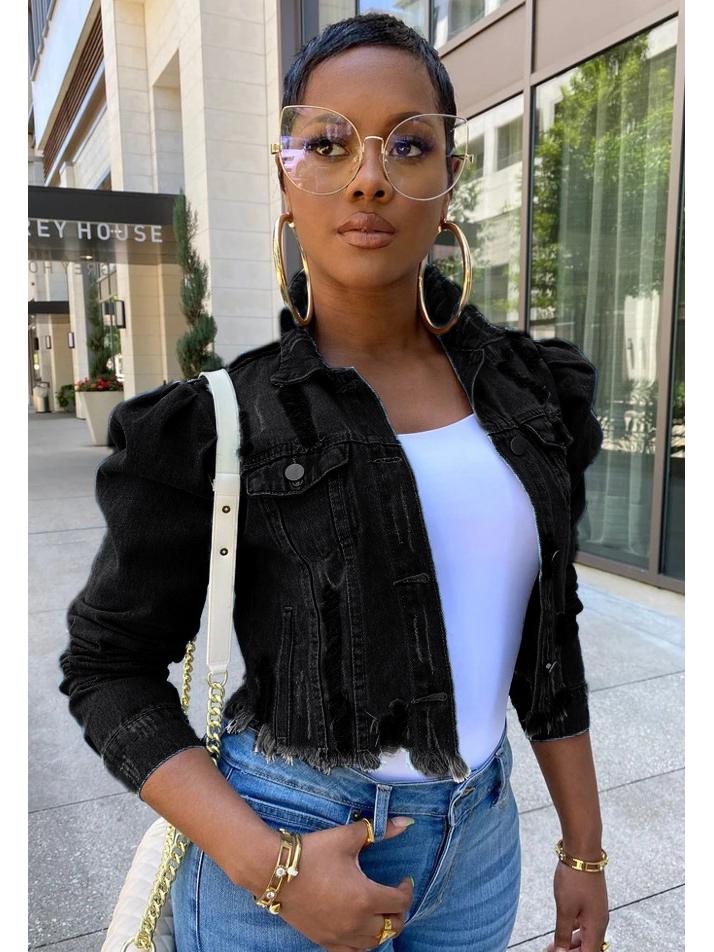 Dámská roztrhaná džínová bunda s nabíranými rukávy