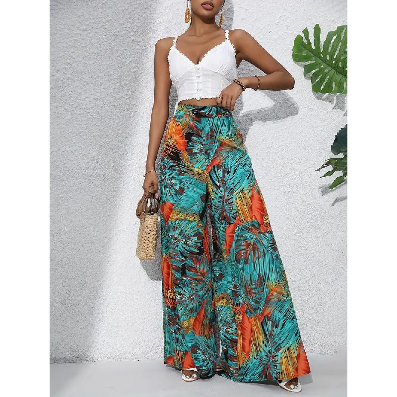 2026 Summer New Printed Wide-Leg Pants, Fashionable and Elegant Vacation Style, Elastic Waist Wide-Leg Long Pants for Women