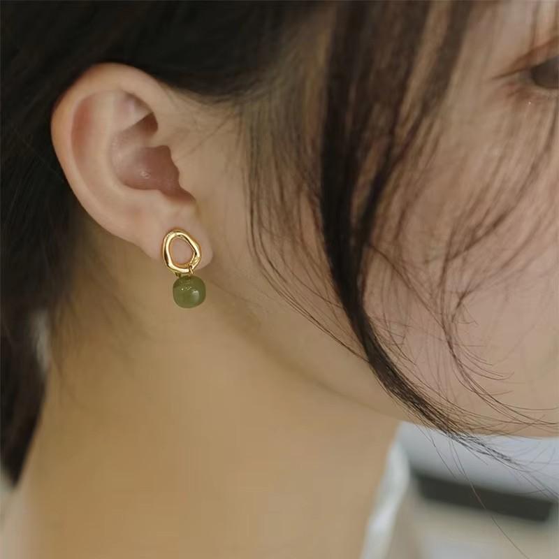 PANJBJ 925 Sterling Silver Rose Hotan Jade Earring for Women Girl Ethnic Style Versatile Temperament Jewelry Gift Dropshipping