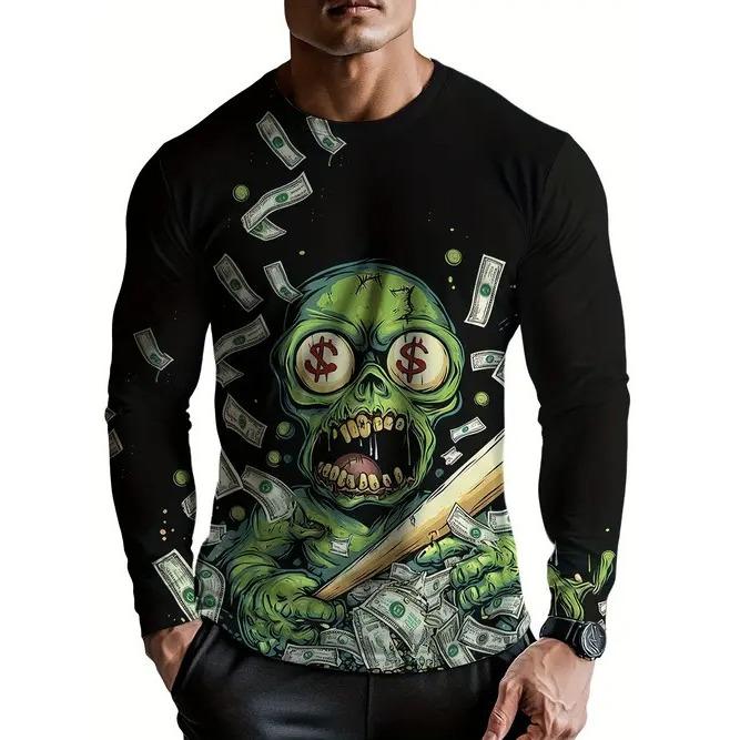 Spring and Autumn Round Neck Funny Skull Pattern 3D Printed Top Fashionable Casual Long Sleeved Men's T-shirts