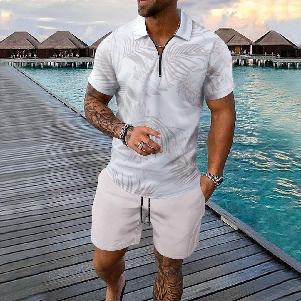 2025 Men's Beach Digital Print Zipper Polo & Shorts Set