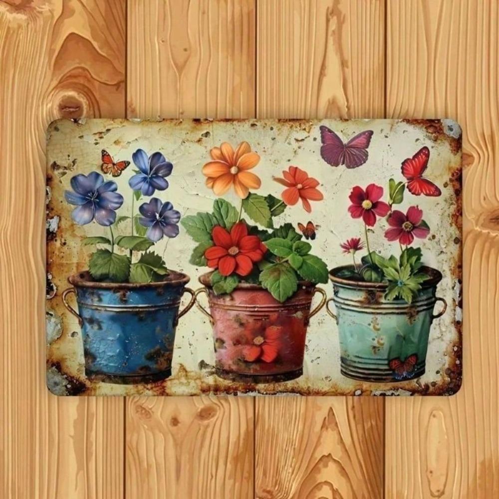 Vintage Metal Wall Art, Butterfly Garden Decor, Retro Flower Pot, 12x8 Inch