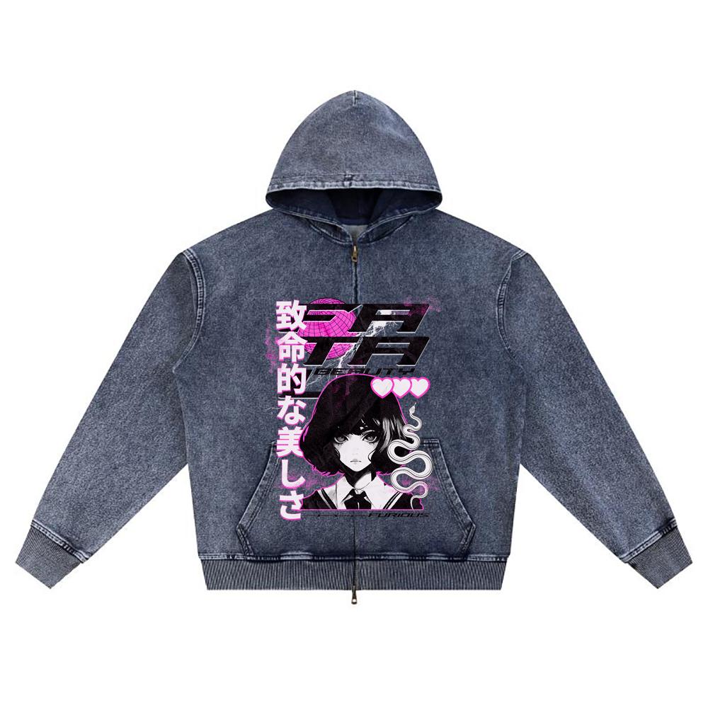 

DTG print Knitted Denim Zip-Up Hoodie Fatal Beauty Brother Print Zipper Hoodies XL темно-синий