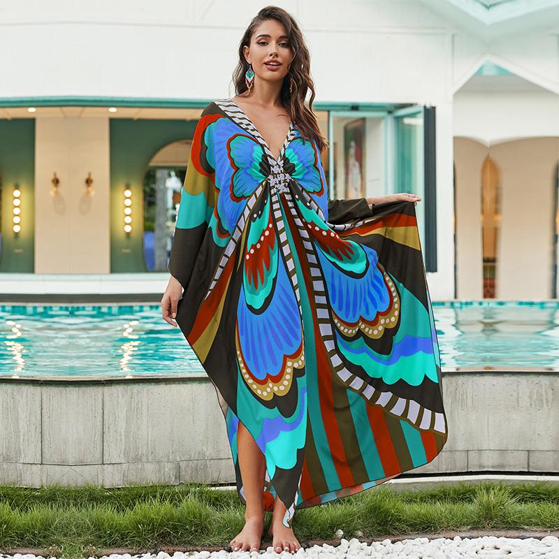 EDOLYNSA Plus Size Kaftan Red Bohemian Printed Summer Long Beach Dress Women Homewear Outfit Swim Suit Cover Up Loose Caftan