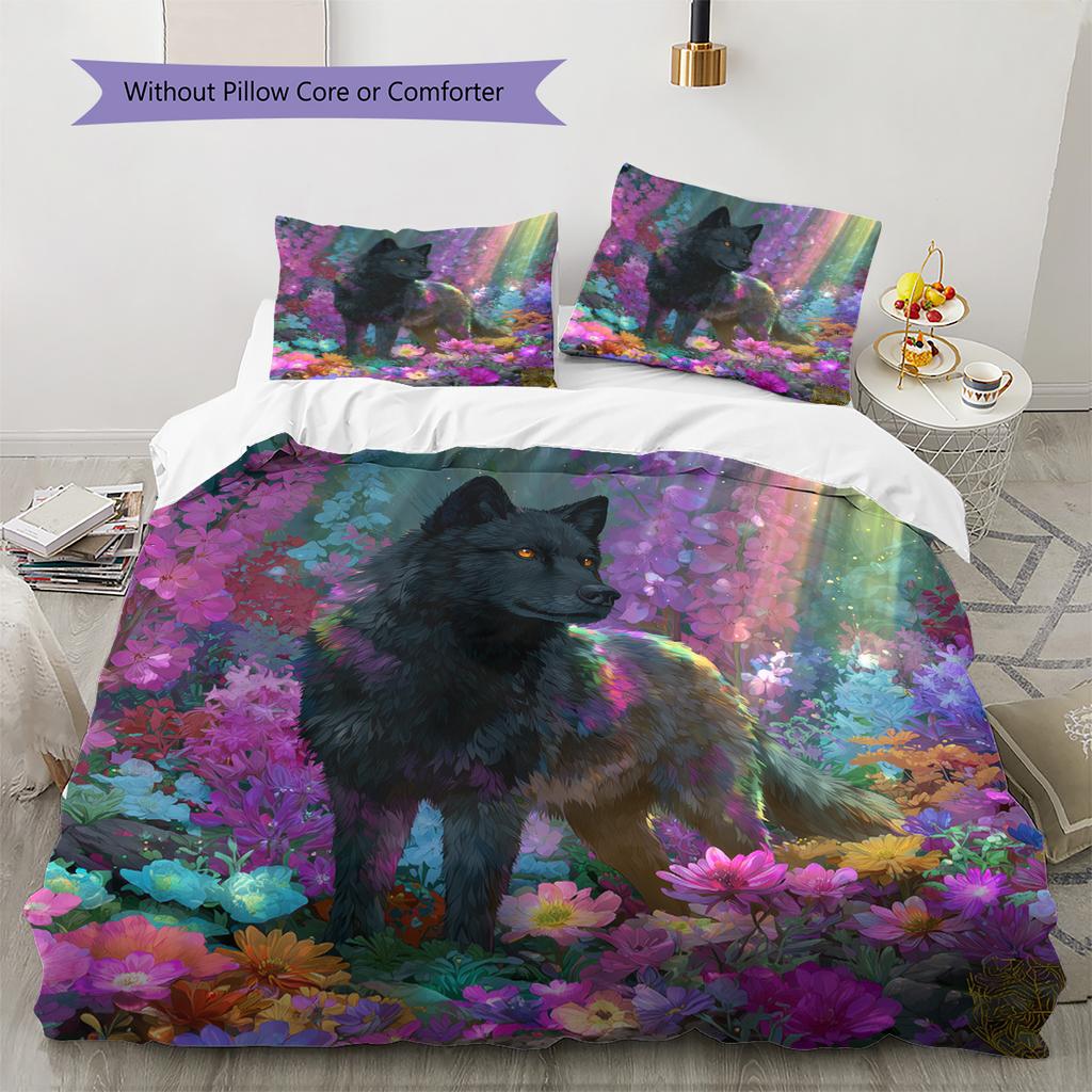 Floral wolf  Pattern Bedding Quilt Set Quilt Cover Pillowcase Home Decoration  Gift (1 * duvet cover + 2 * pillowcase, without core)