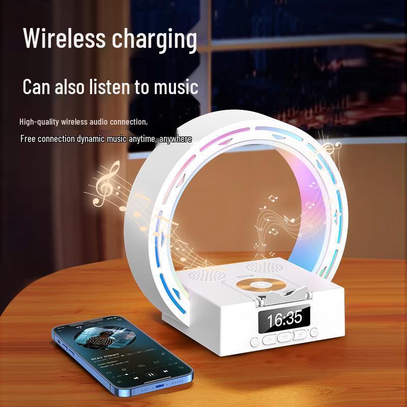 L-35 Bluetooth Speaker with Wireless Charger, Night Light, Clock, and Phone Stand