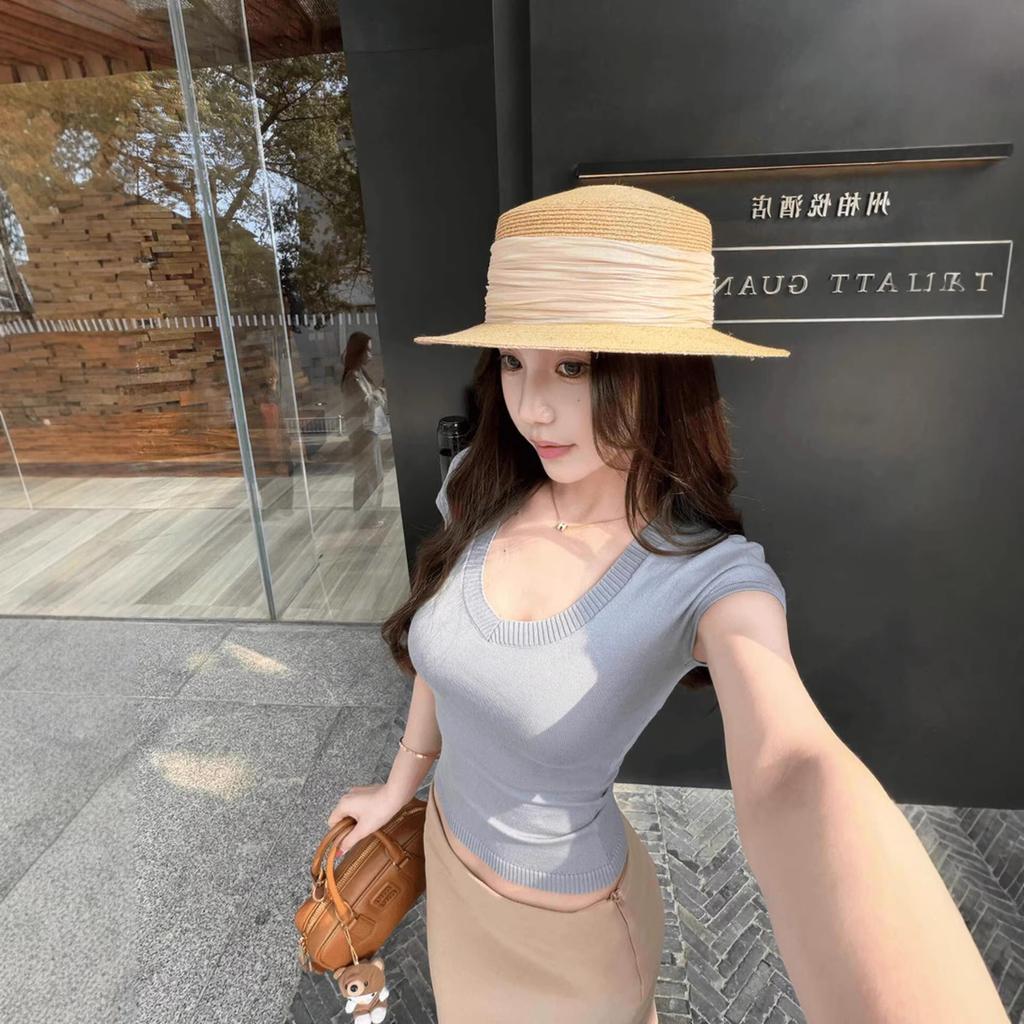 Blue V-neck Korean short-sleeved T-shirt women's summer fashion temperament pure desire Spice girl slim and thin short front shoulder top