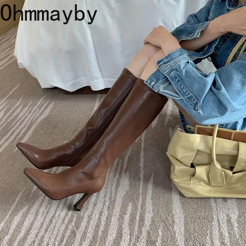 Zimní dámské dlouhé boty Módní tenké vysoké podpatky Kozačky po koleno Dámské Černé Hnědé Sexy Žena Rytířské Boty dámské boty