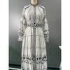 Retro Elegant Stand Collar Long Dress Women Pattern Print Belted Buckle Party Dress Autumn Long Sleeve A-Line Boho Dress