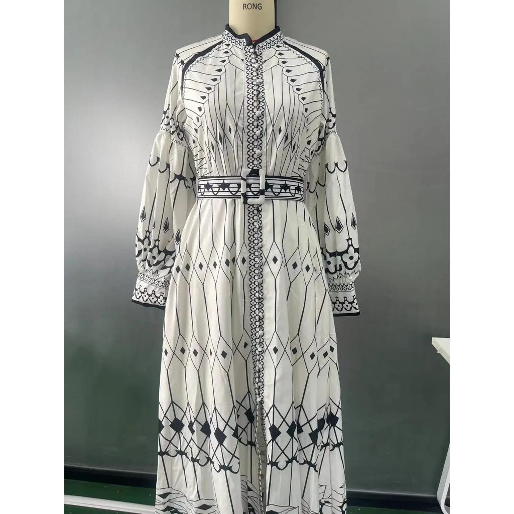 Retro Elegant Stand Collar Long Dress Women Pattern Print Belted Buckle Party Dress Autumn Long Sleeve A-Line Boho Dress