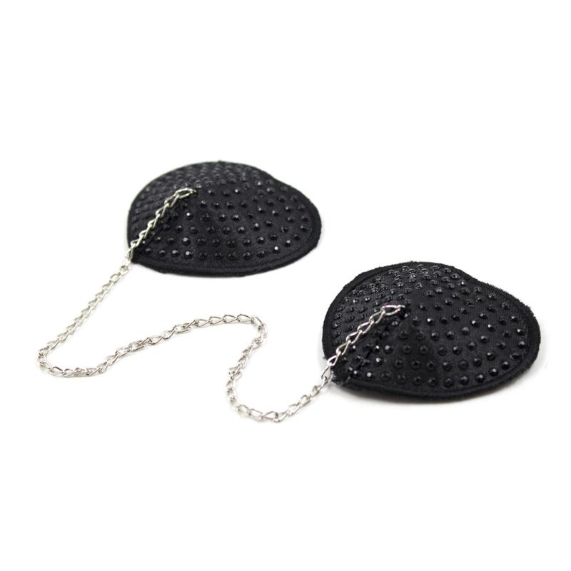 Women Adhesive Nipple Cover Rhinestones Heart Pasties with Metal Chain Reusable Chest Stickers Breast Cover Bra Petals
