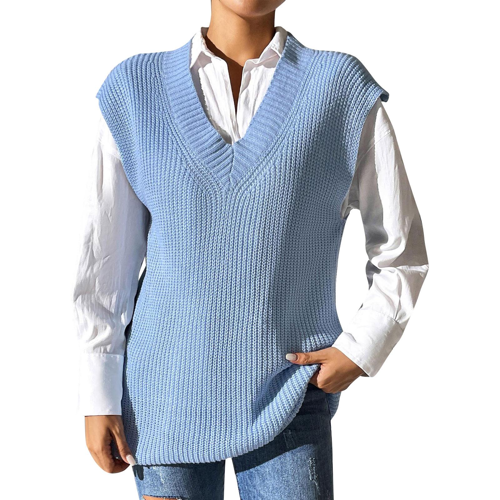 Women s V-Neck Knit Sweater Vest Sleeveless Casual Loose Fit Pullover for Layering One Size синий