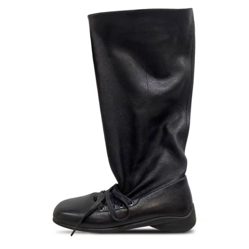 Vintage western pile boots women's autumn new soft leather lace-up pleated medium tube boots sleeve thin boots