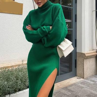 Knit Women's Turtleneck Sweater Midi Skirt Set 2022 Winter Loose Long Sleeve Pullovers Side Split Skirts Sets Ladies Sexy Suit