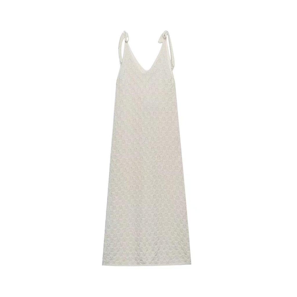 Sleeveless Backless Summer Lady Hollow Knit Dresses Women Beige Cotton Halter Dress
