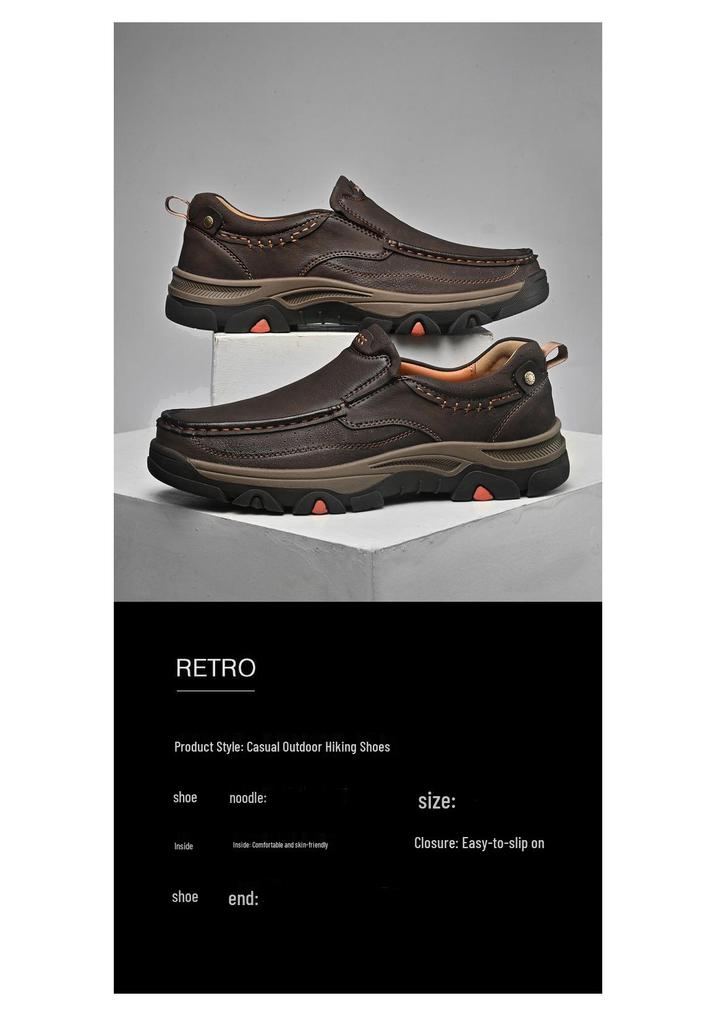 Men's Thick Sole Wear-Resistant Leather Hiking Loafers - Slip-On Casual Shoes