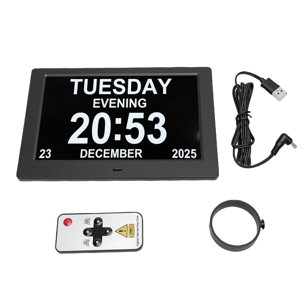 Digital Calendar Clock Wall Mounted 16:10 8in Large Display Date Time with Reminders Day Night Dimmable Key Remote Control Desk