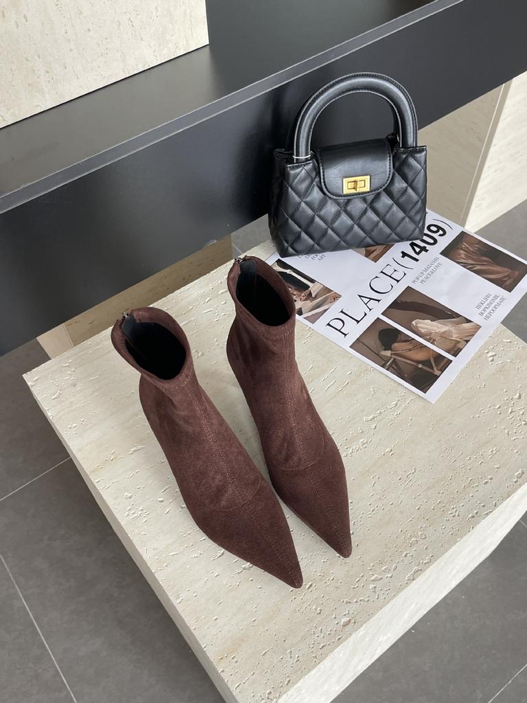 British High-heeled Pointed-toed Temperament Suede Short Boots for Women 2025 New Autumn and Winter Thin-heeled Korean Thin Martin Boots for Women
