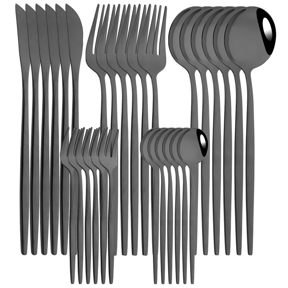 30Pcs Black Gold Cutlery Set Knife Fork Spoon Dinnerware Set Stainless Steel Cake Fork Teaspoon Tableware Party Kitchen Flatware