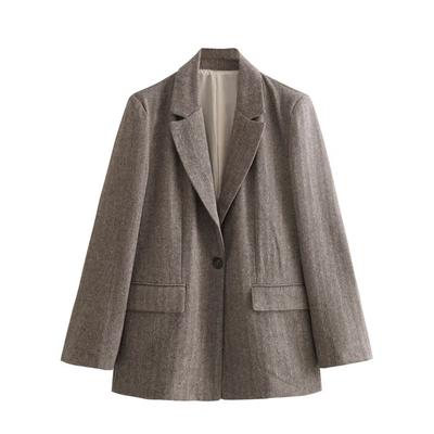 Autumn and Winter Women's Herringbone Twill Straight Suit Jacket Flap Pocket Decoration Casual and Loose