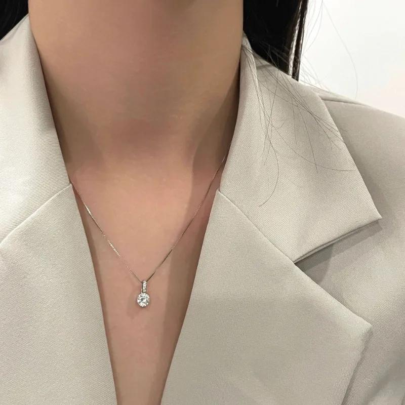 Exquisite Simple Shiny Zircon Pendant Necklace for Women Temperament Silver Color Stainless Steel Crystal Chokers Jewelry Gift