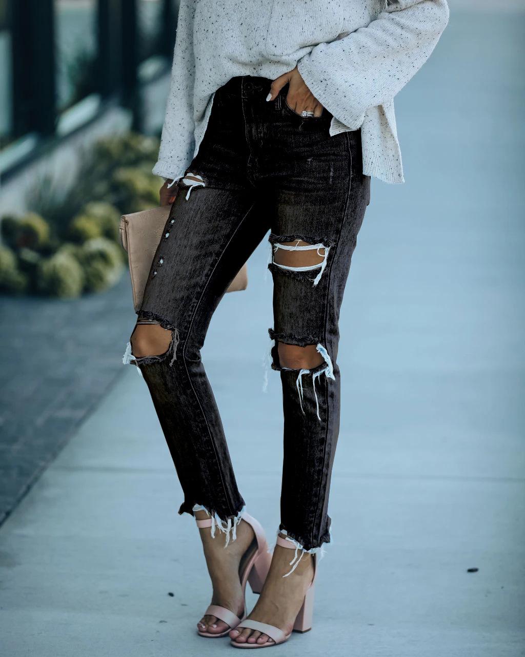 

In Stock 2025 Women s Washed Ripped Straight-Leg Jeans with Frayed Edges - Casual European & American Style M чорний