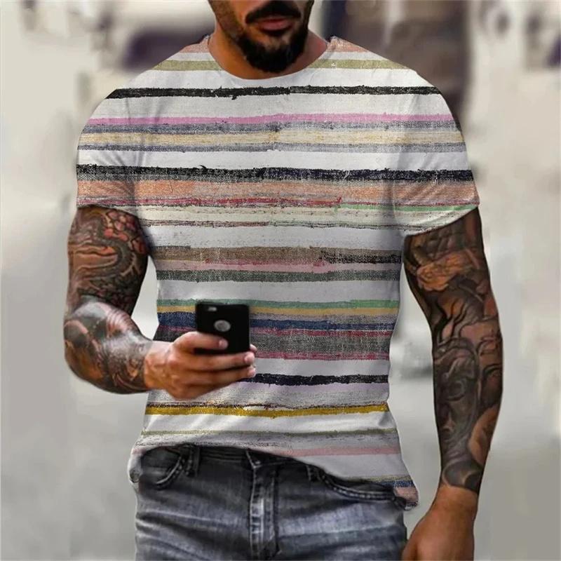 Stripe Graphic T-Shirt For Men Color Block 3D Printed Tees Summer Casual O-Neck Tops Loose Sports Short Sleeve Street T Shirts