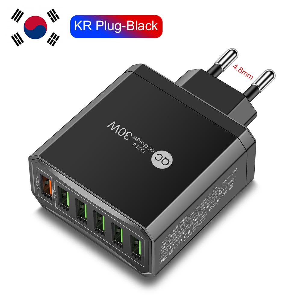 30W 6-Port QC3.0 Fast Charger with EU, US, UK, Korean Plugs