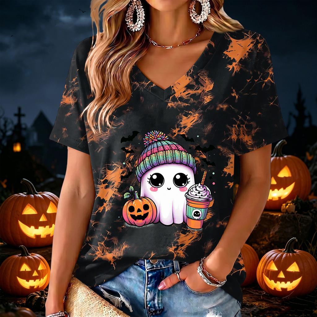 Women's V Neck Halloween Print Lightweight Summer Top