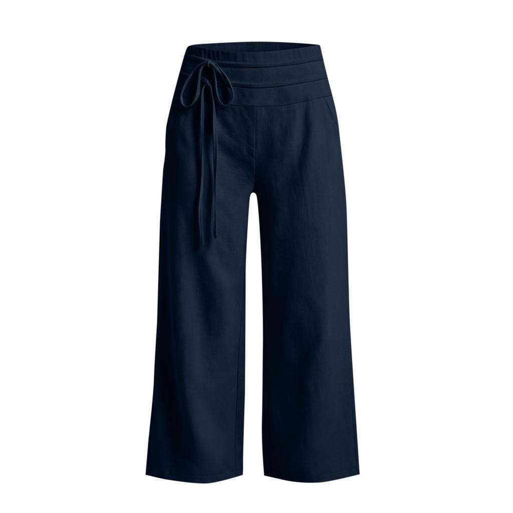Women Casual Wide Leg Cropped Pants Elastic Waistband Drawstring Loose Fit Capri Trousers Lightweight Breathable Fabric
