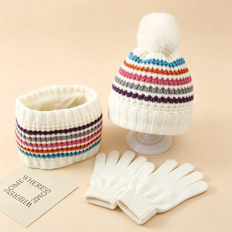 Winter Children's Plush Thick Colored Striped Woolen Hat, Scarf Gloves, Three Piece Set, Outdoor Cold Proof and Warm Hat
