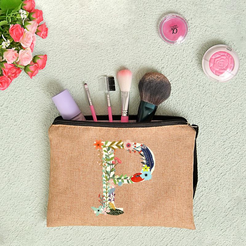 26 Letters Floral Women Cosmetics Woman Zipper Pouch Fashion Women Linen Cosmetic Bags Travel Portable Makeup Bag Cosmetic Bag
