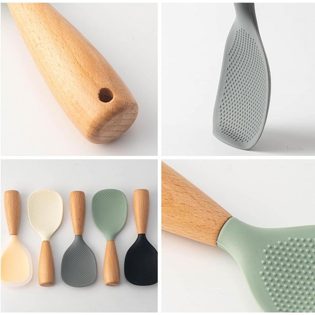 1pc Silicone Rice Serving Spoons with Wooden Handle Heat Resistant Rice Spoon Nonstick Standing Rice Ladle Scooper