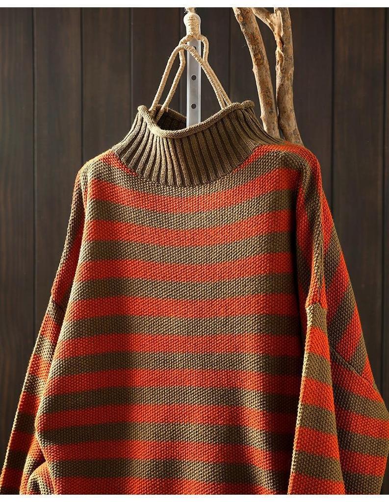 Women's Retro Striped Color Block Half High Neck Sweater - Loose & Casual Knitwear for Autumn/Winter 2026.