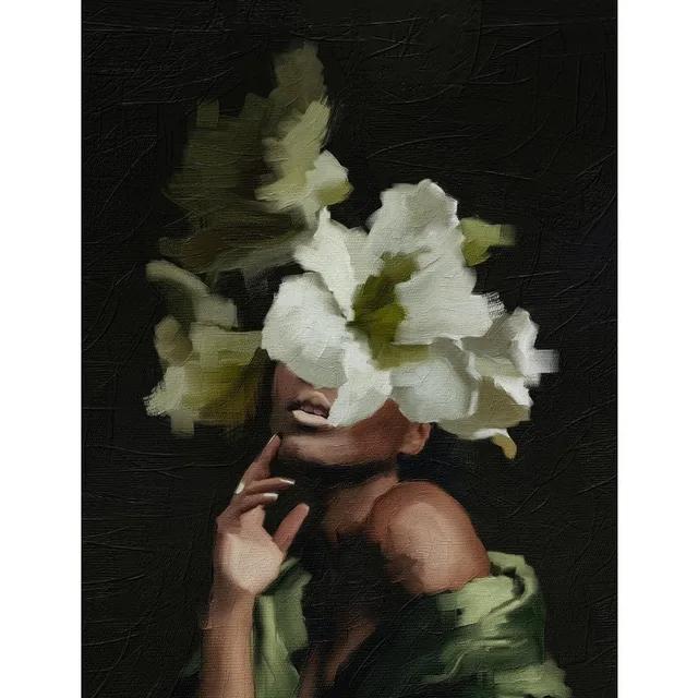 Elegant African American Woman with Floral Head Poster  Sexy Black Girl Canvas Painting Wall Art for Living Room Home Decor Mura