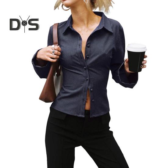 Damen-Hemd mit Revers, langen Ärmeln, gestreiftem Print, Knopfleiste, schmale Passform, vielseitige Oberteile für den Alltag