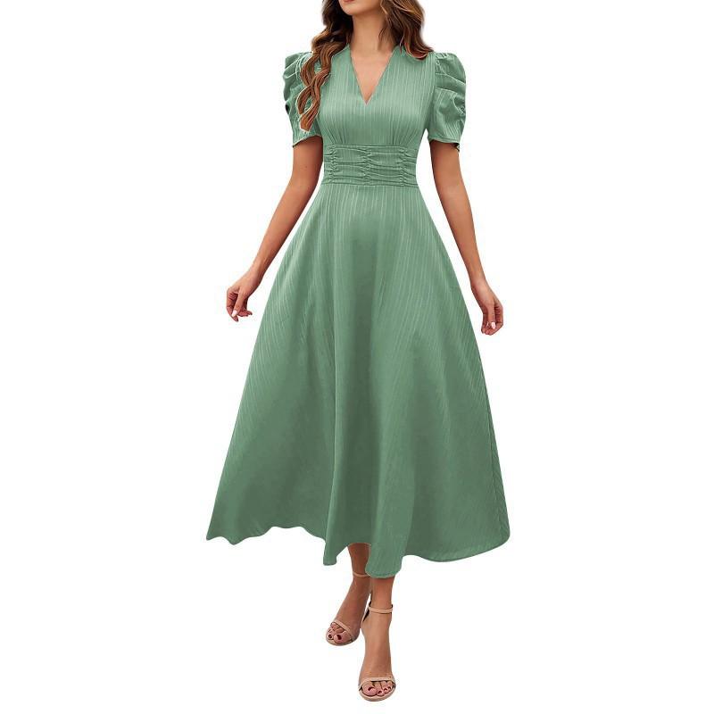 2026 Women's Fashionable Temperament High-waist Solid Color Waist-closing Short-sleeved Dress