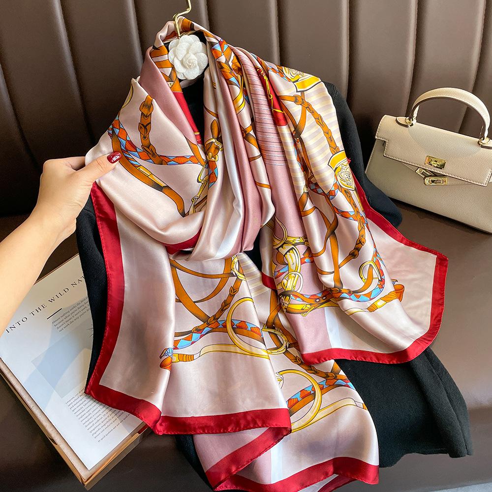 New silk scarf new silk satin printed shawl holiday fashion sunscreen long section simulation silk scarf