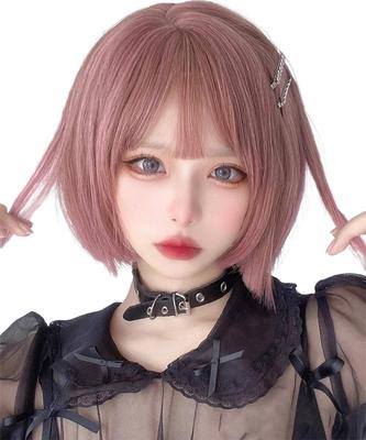 AISI QUEENS Wig Pink Bob Short Full Wig Crossdressing Wig Straight Wig Ladies Stylish Bangs Heat Resistant Harajuku Lolita Small Face Fashion