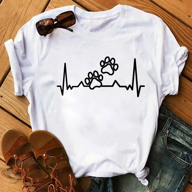Womens CartoonTshirt Colorful Heart AndDog Paw Print Tshirt Womens Summer Tshirt 90s Girl ShortSleeve Tshirt Black Tshirt