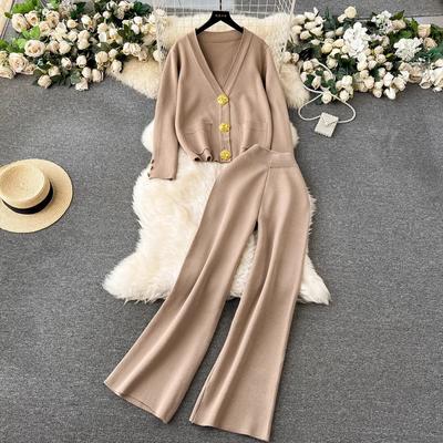 Herbst Winter Goldene Knöpfe V-ausschnitt Tasche Strickjacke Gestrickte Pullover + Breite Bein Hosen Trainingsanzüge Lange Zwei Stück Set