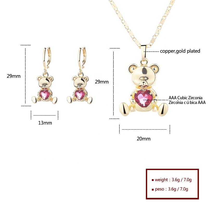 Hengdian Joyeria Chic 18K Gold Plated Brass Earrings Necklace Set With Cute Zircon Bear Design for Women Fashion Jewelry Set