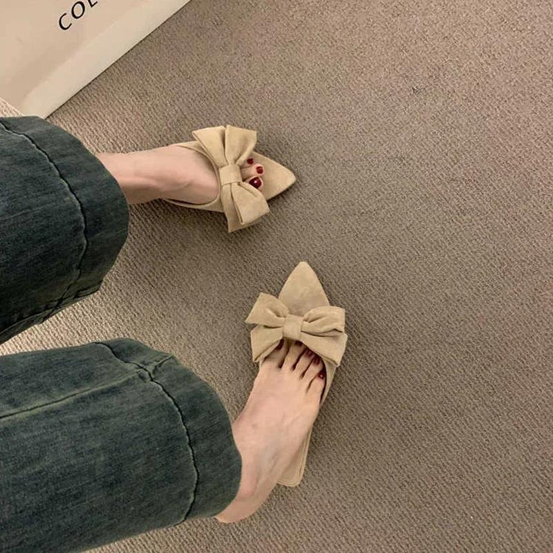 Fashion Bow - Decorated Pointed - Toe Mules | Multi - Color Retro Suede Casual Stylish Slippers