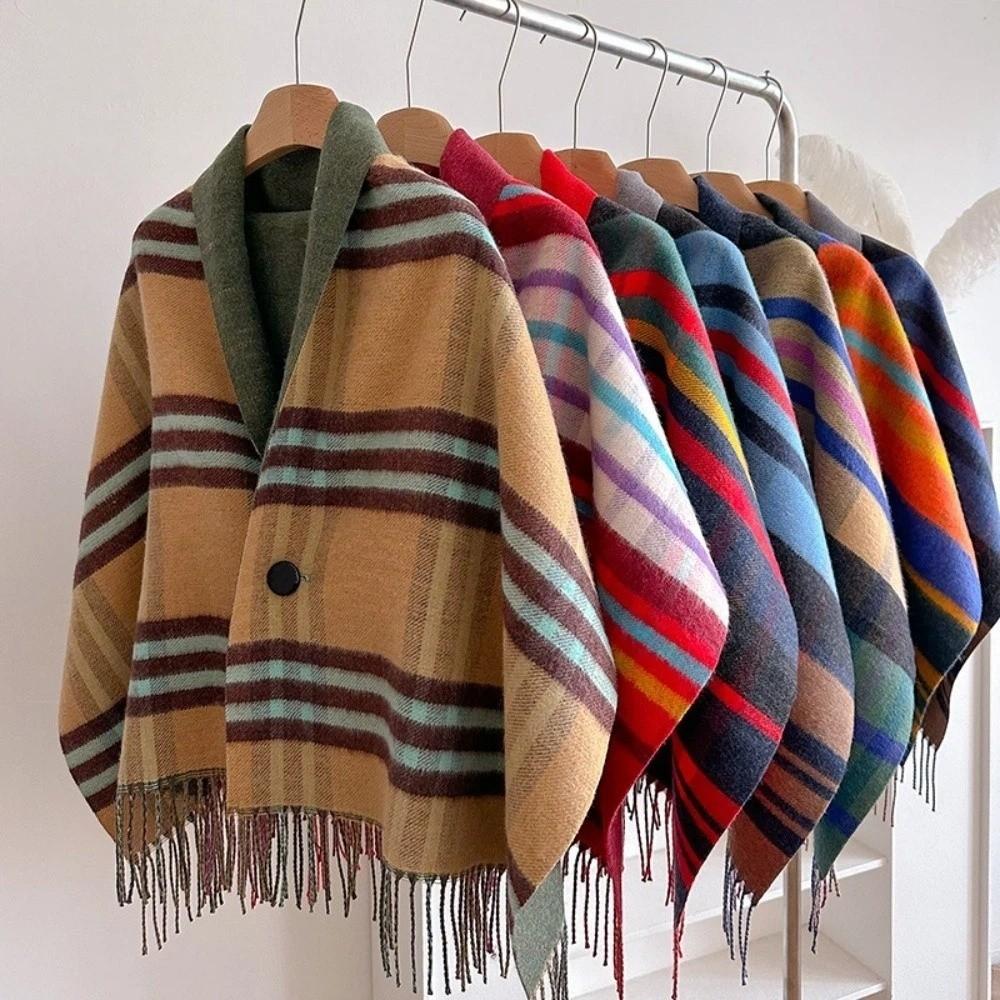 Faux Wool Double‑Sided Plaid Poncho Shawl Thick Knit Checkered Fringe Cape Blanket Shawl Winter