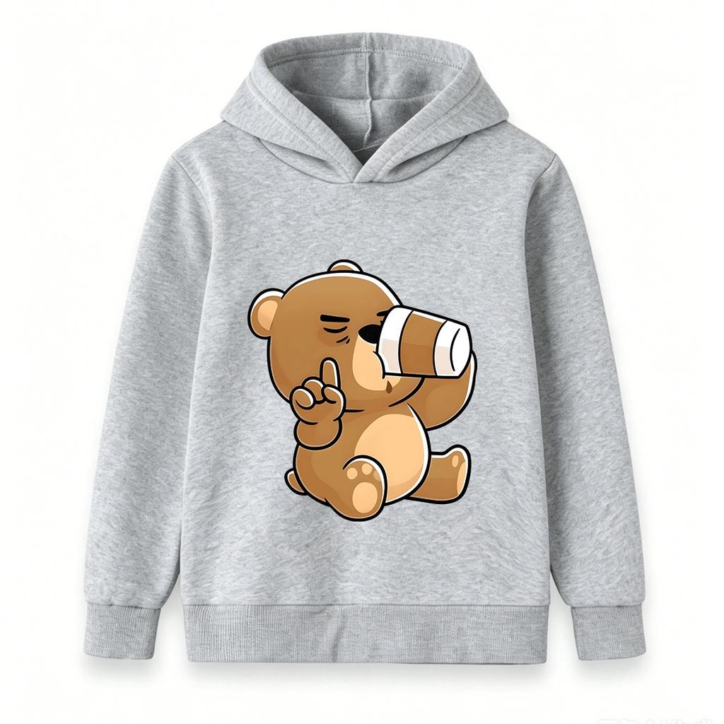 Cartoon Brown Bear Telescope Print Kids Unisex Hooded Sweatshirt Casual Soft Long Sleeve Pullover for Boys Girls