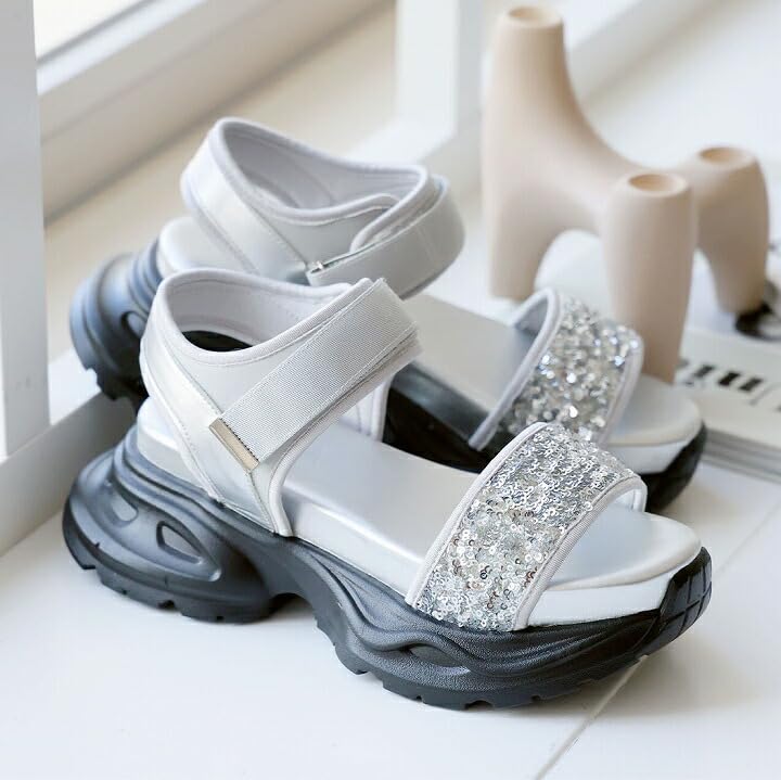 Vivian Women's Platform Sports Sandals with Sequins, Ankle Strap, and Velcro Closure, Black, Size S (22.0-22.5cm), V36001SM