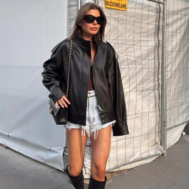 VAYLA Lässige Chic Schwarze Lederjacken Damen Langarm Knöpfe Elastische Übergroße Mäntel Mode Herbst Streetwear Mäntel
