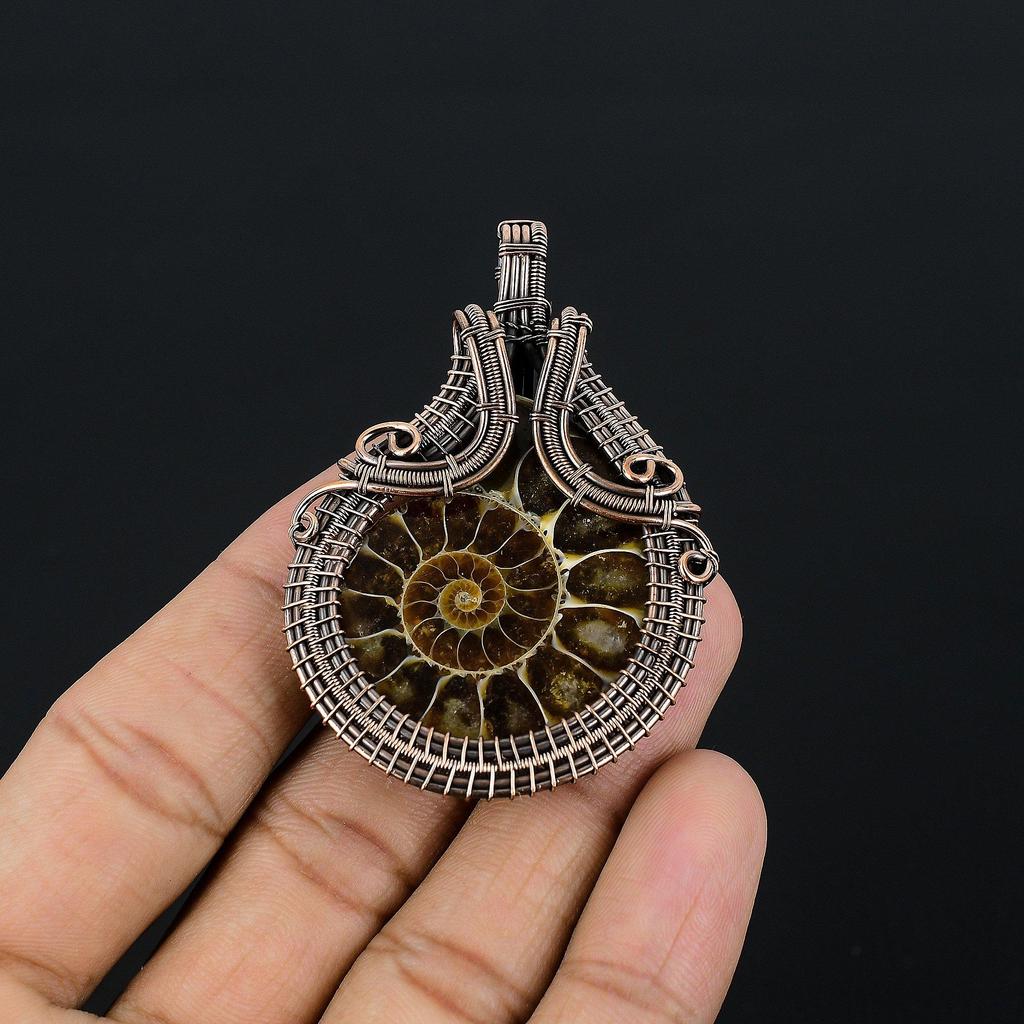 Ammonite Fossil 999 Copper Wire Wrapped Pendant, Handmade Gemstone Jewelry Pendant For Memorial Day